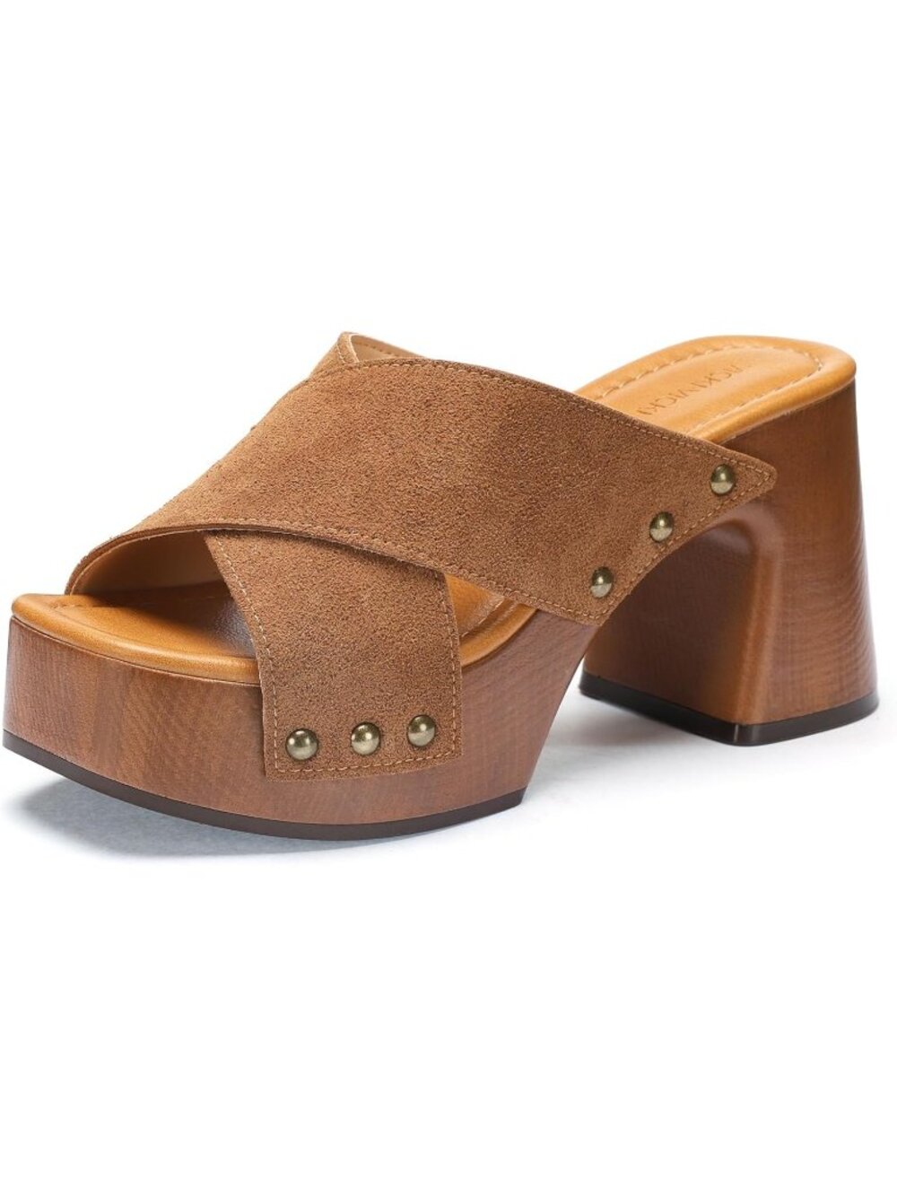 Women's Brown Summer Square Open Toe Block Chunky Heels Slip On Heeled Sandals